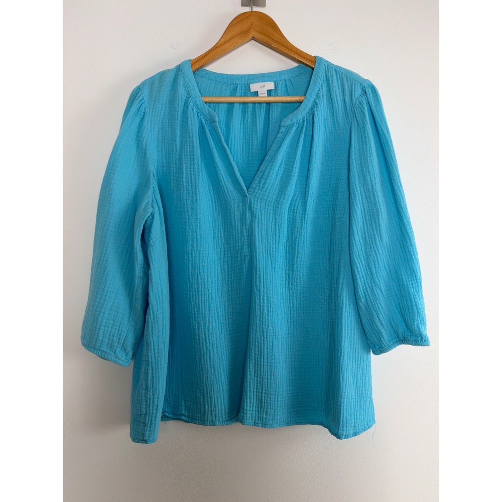 NWT J. Jill Cotton Gauze Blouse L Blue Split Neck 3/4 Sleeve Coastal Boho